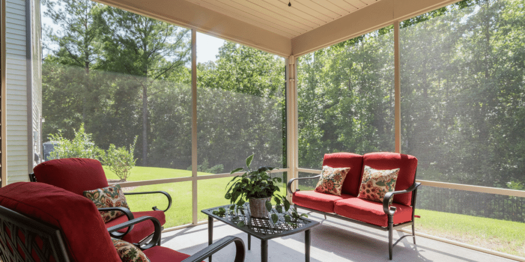 Screened-in Patio Lyndon KY - screened in patio with bench seats chairs and table with plant