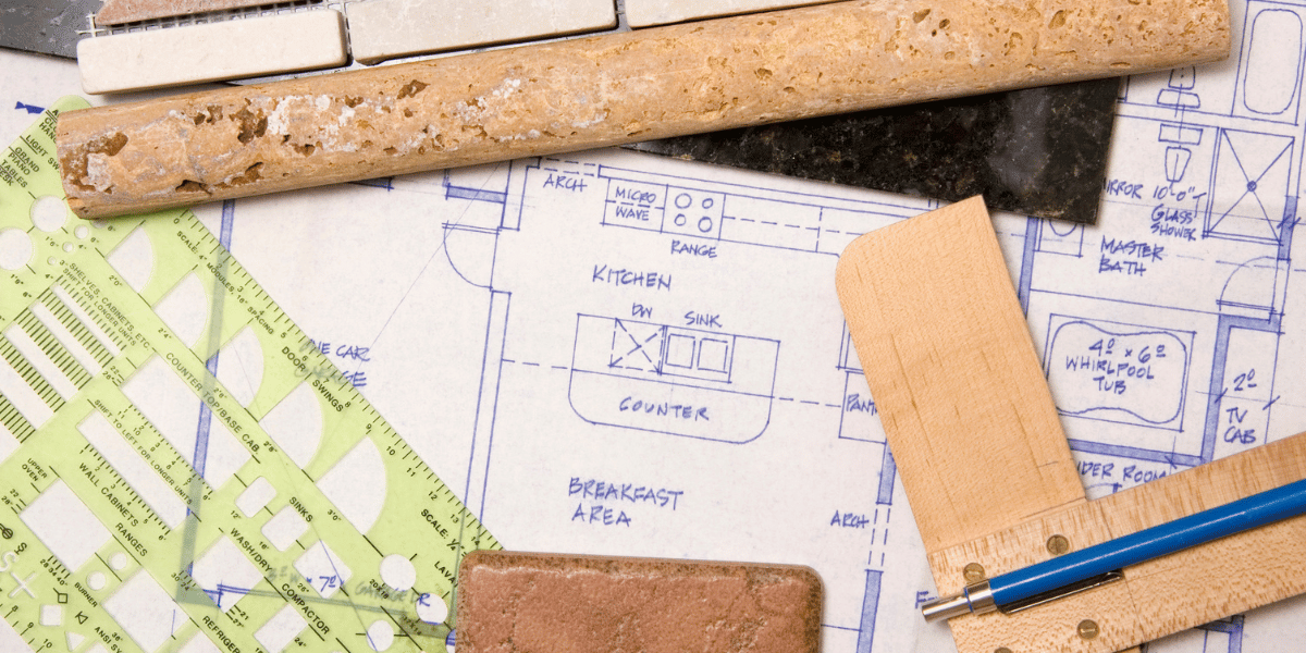 4 Home Improvement Projects to Tackle Over the Winter - header image showing blueprints accessories and tiles